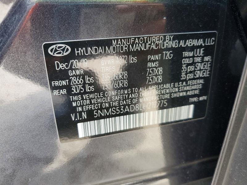 2020 Hyundai Santa Fe მანქანა იყიდება აუქციონზე, vin: 5NMS53AD8LH212775, აუქციონის ნომერი: 57393836