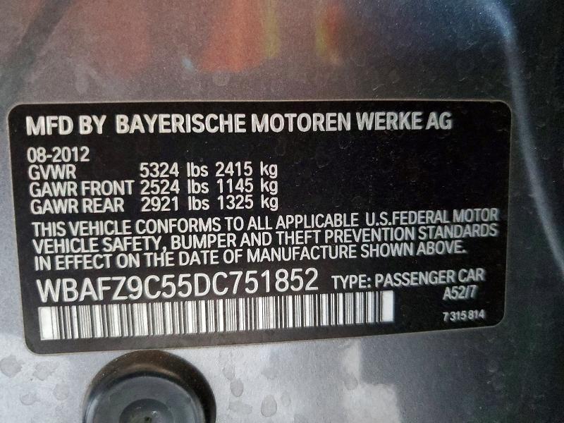 2013 Bmw 535 მანქანა იყიდება აუქციონზე, vin: WBAFZ9C55DC751852, აუქციონის ნომერი: 55236626