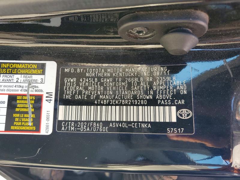2011 Toyota Camry მანქანა იყიდება აუქციონზე, vin: 4T4BF3EK7BR219280, აუქციონის ნომერი: 55058186
