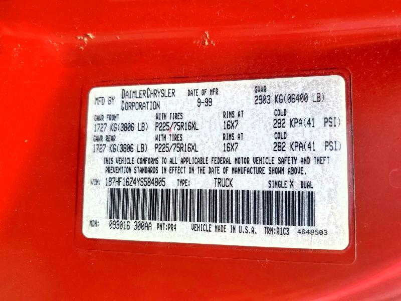 Aukcja sprzedaży 2000 Dodge Ram 1500, vin: 1B7HF16Z4YS584805, numer aukcji: 58276926