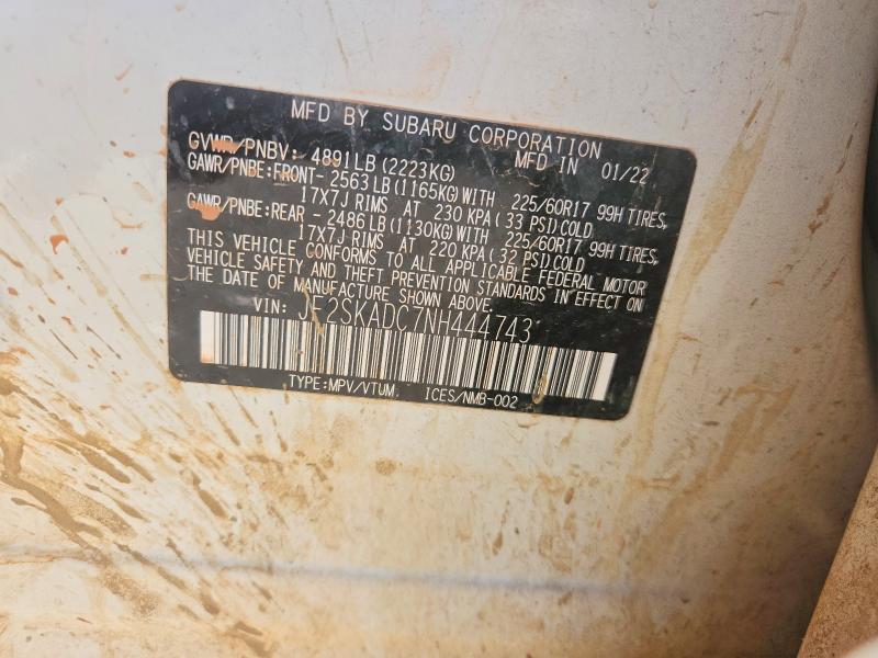 2022 Subaru Forester მანქანა იყიდება აუქციონზე, vin: JF2SKADC7NH444743, აუქციონის ნომერი: 56234096
