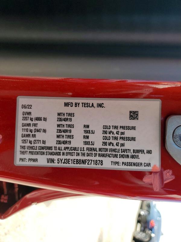 Aukcja sprzedaży 2022 Tesla Model 3, vin: 5YJ3E1EB8NF271878, numer aukcji: 57940266