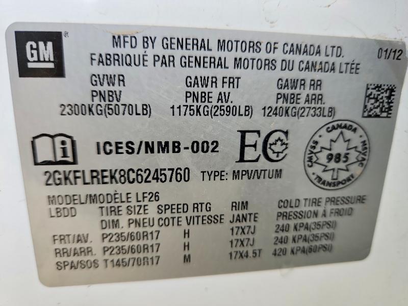 2012 Gmc Terrain მანქანა იყიდება აუქციონზე, vin: 2GKFLREK8C6245760, აუქციონის ნომერი: 57821396