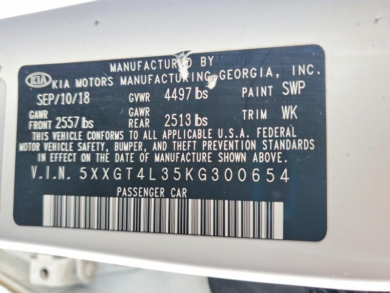 2019 Kia Optima მანქანა იყიდება აუქციონზე, vin: 5XXGT4L35KG300654, აუქციონის ნომერი: 55369226