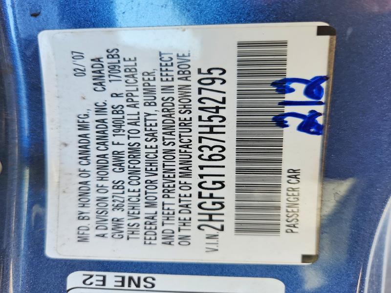 Продаж на аукціоні авто 2007 Honda Civic, vin: 2HGFG11637H542795, номер лоту: 57880166