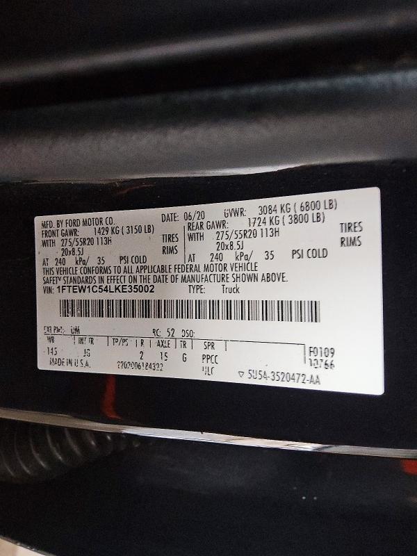 57004256 :رقم المزاد ، 1FTEW1C54LKE35002 vin ، 2020 Ford F150 مزاد بيع