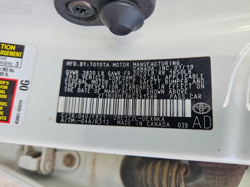 Aukcja sprzedaży 2019 Toyota Corolla, vin: 2T1BURHEXKC241588, numer aukcji: 56446706