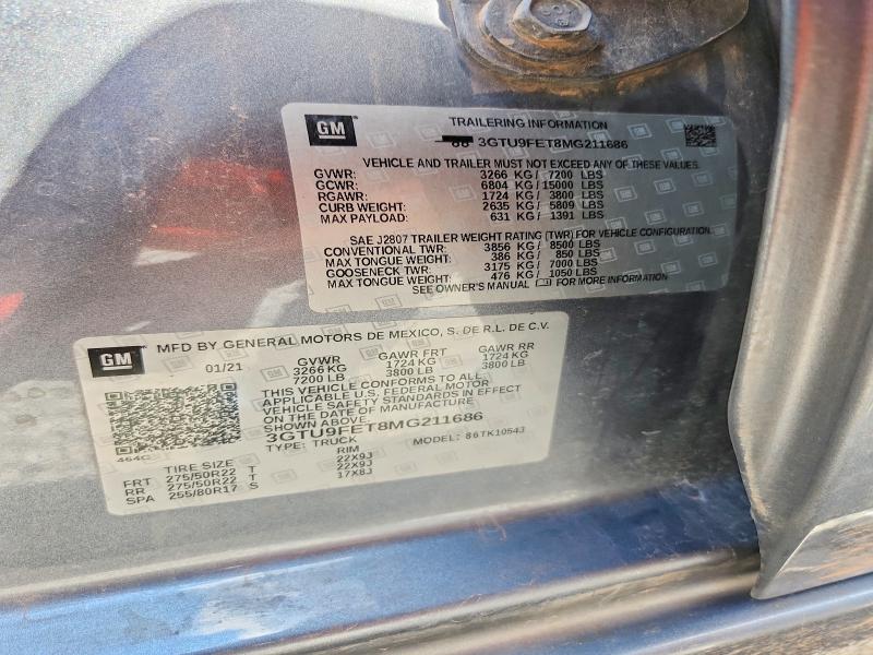 Aukcja sprzedaży 2021 Gmc Sierra, vin: 3GTU9FET8MG211686, numer aukcji: 57490476