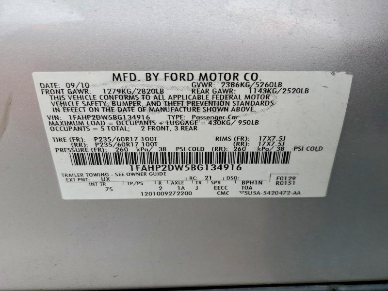 Продажа на аукционе авто 2011 Ford Taurus, vin: 1FAHP2DW5BG134916, номер лота: 57166876