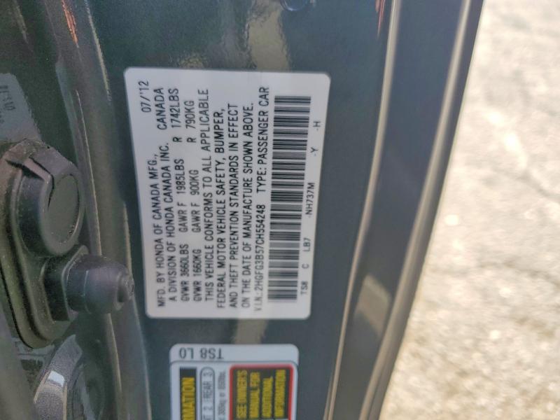 Продаж на аукціоні авто 2012 Honda Civic, vin: 2HGFG3B57CH554248, номер лоту: 55825006