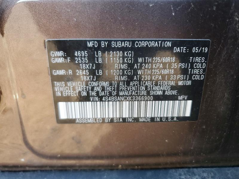 55204646 :رقم المزاد ، 4S4BSANCXK3366900 vin ، 2019 Subaru Outback مزاد بيع
