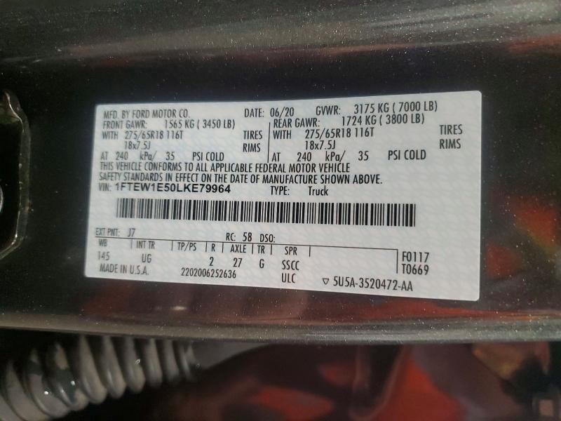 2020 Ford F150 მანქანა იყიდება აუქციონზე, vin: 1FTEW1E50LKE79964, აუქციონის ნომერი: 57711876