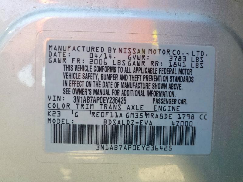 2014 Nissan Sentra მანქანა იყიდება აუქციონზე, vin: 3N1AB7AP0EY236425, აუქციონის ნომერი: 59221396