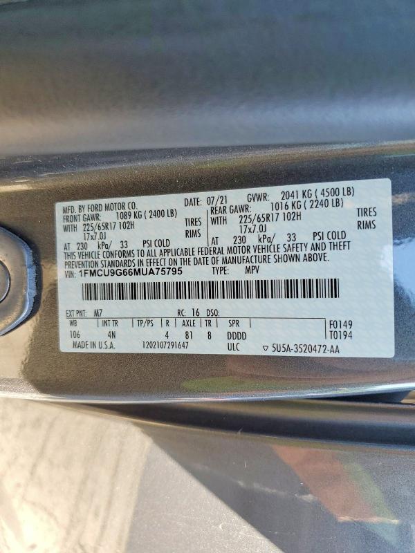 Продажа на аукционе авто 2021 Ford Escape, vin: 1FMCU9G66MUA75795, номер лота: 56106386