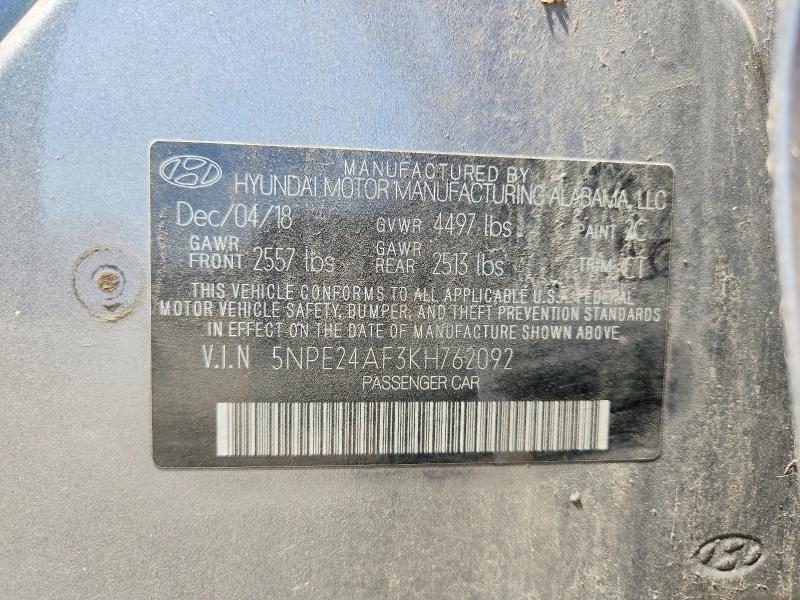 2019 Hyundai Sonata მანქანა იყიდება აუქციონზე, vin: 5NPE24AF3KH762092, აუქციონის ნომერი: 55605326