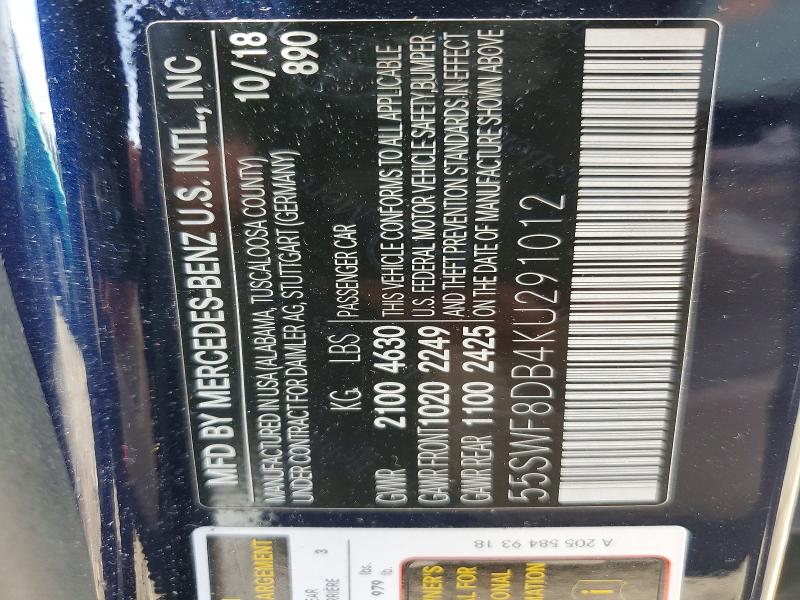 57760616 :رقم المزاد ، 55SWF8DB4KU291012 vin ، 2019 Mercedes-benz C مزاد بيع