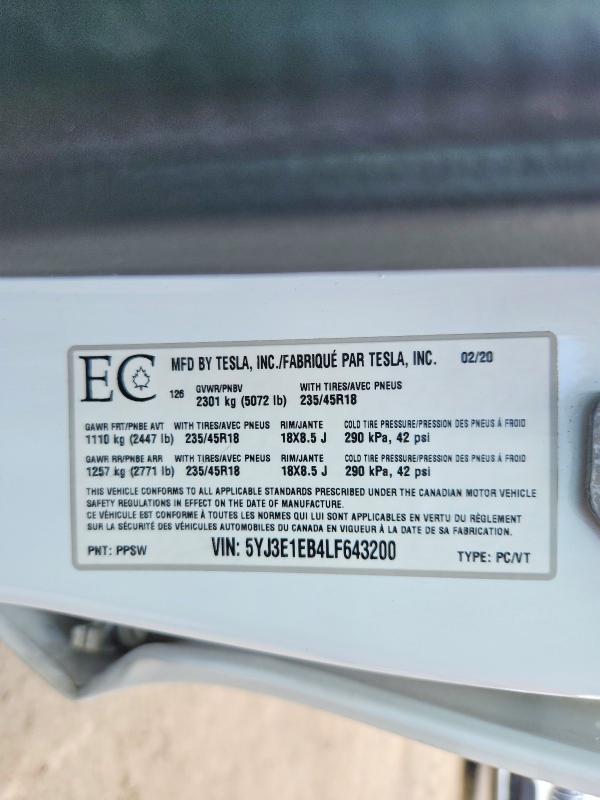Продажа на аукционе авто 2020 Tesla Model 3, vin: 5YJ3E1EB4LF643200, номер лота: 57397976