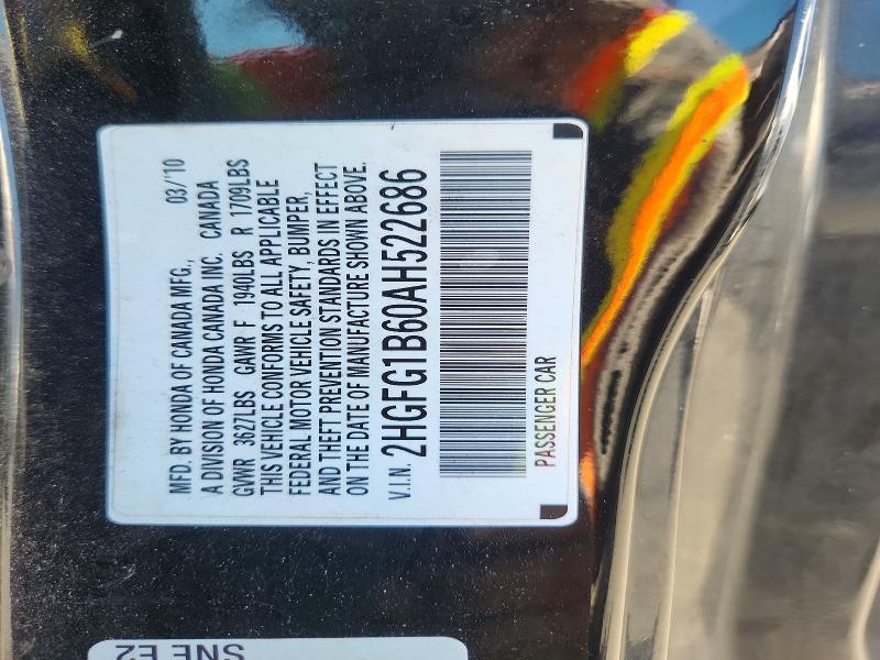 55232456 :رقم المزاد ، 2HGFG1B60AH522686 vin ، 2010 Honda Civic مزاد بيع
