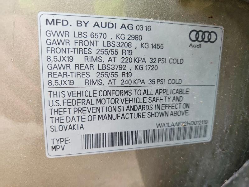 Aukcja sprzedaży 2017 Audi Q7, vin: WA1LAAF72HD012119, numer aukcji: 57883686
