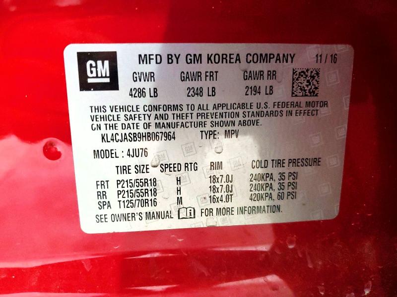 2017 Buick Encore მანქანა იყიდება აუქციონზე, vin: KL4CJASB9HB067964, აუქციონის ნომერი: 58999146