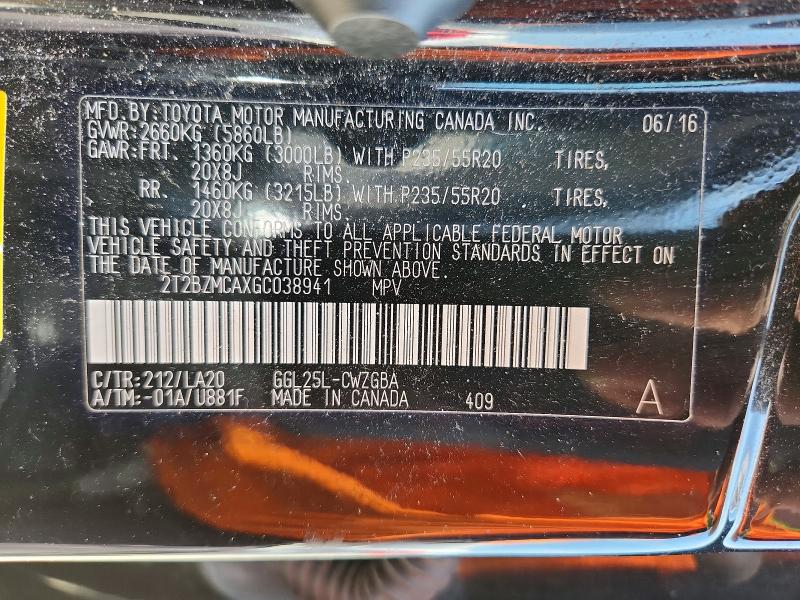 58043696 :رقم المزاد ، 2T2BZMCAXGC038941 vin ، 2016 Lexus Rx 350 مزاد بيع