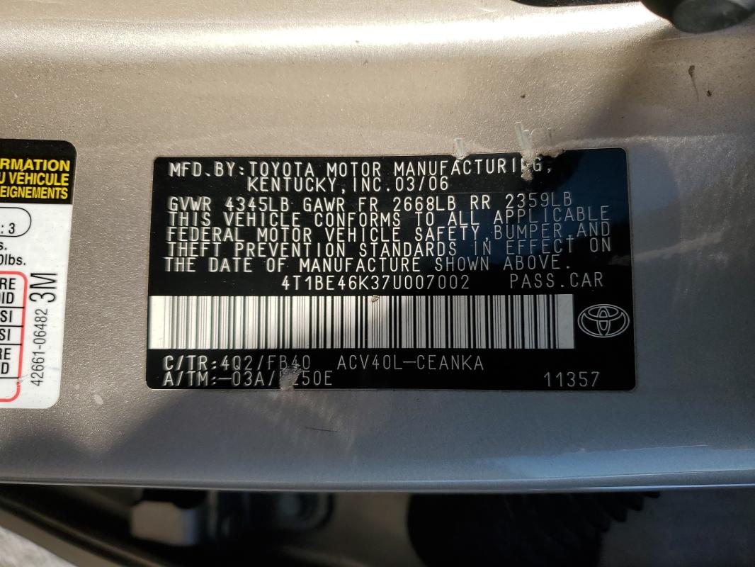 2007 Toyota Camry მანქანა იყიდება აუქციონზე, vin: 4T1BE46K37U007002, აუქციონის ნომერი: 57574526