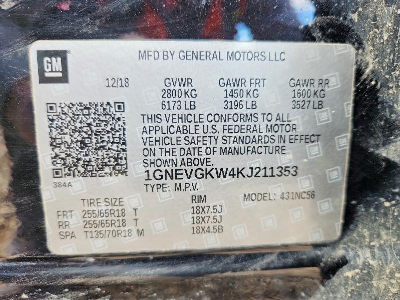 58423396 :رقم المزاد ، 1GNEVGKW4KJ211353 vin ، 2019 Chevrolet Traverse مزاد بيع