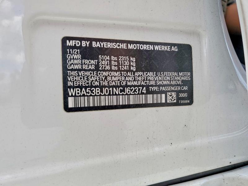 58405446 :رقم المزاد ، WBA53BJ01NCJ62374 vin ، 2022 Bmw 540 مزاد بيع