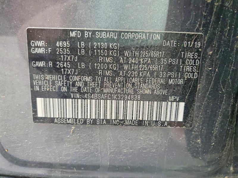 2019 Subaru Outback მანქანა იყიდება აუქციონზე, vin: 4S4BSAFC1K3294838, აუქციონის ნომერი: 55349206
