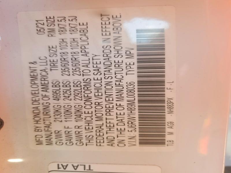 57125756 :رقم المزاد ، 5J6RW1H89ML008036 vin ، 2021 Honda Cr-v مزاد بيع