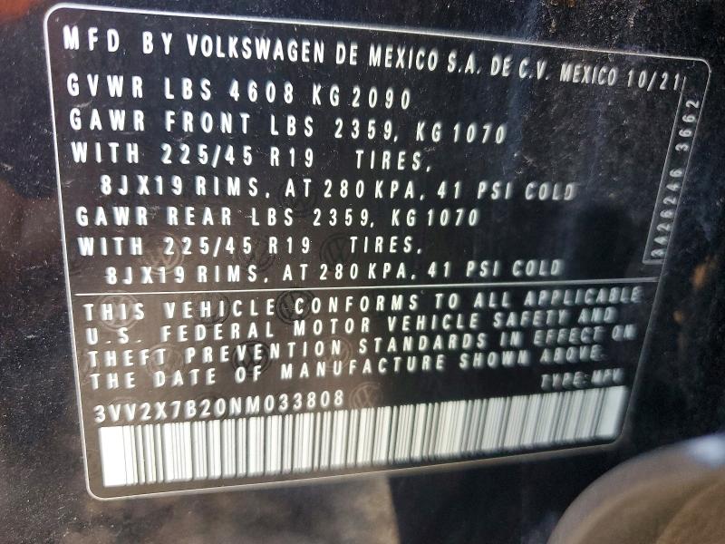 2022 Volkswagen Taos მანქანა იყიდება აუქციონზე, vin: 3VV2X7B20NM033808, აუქციონის ნომერი: 58822736