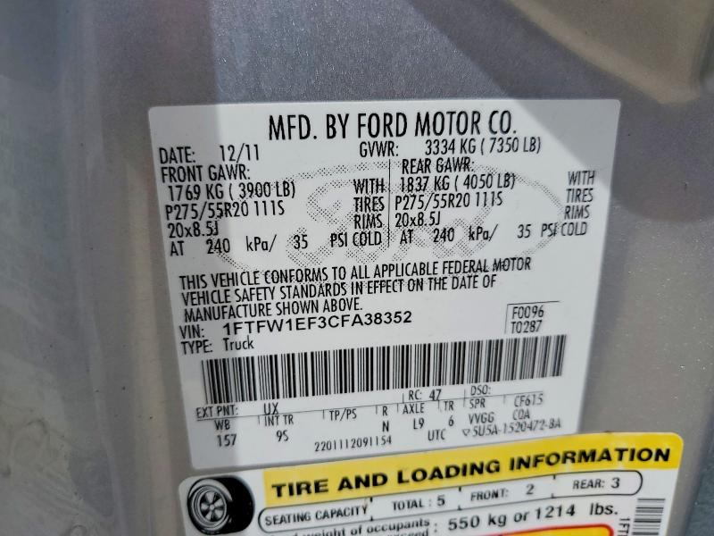 Aukcja sprzedaży 2012 Ford F150, vin: 1FTFW1EF3CFA38352, numer aukcji: 57513626