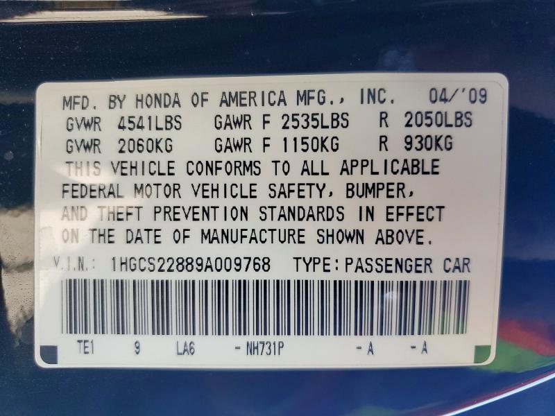2009 Honda Accord მანქანა იყიდება აუქციონზე, vin: 1HGCS22889A009768, აუქციონის ნომერი: 57740236