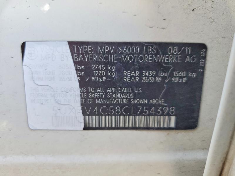 2012 Bmw X5 მანქანა იყიდება აუქციონზე, vin: 5UXZV4C58CL754398, აუქციონის ნომერი: 55807686