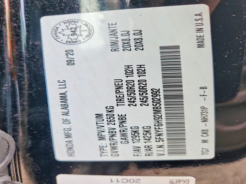 2021 Honda Pilot მანქანა იყიდება აუქციონზე, vin: 5FNYF6H92MB502992, აუქციონის ნომერი: 55876796