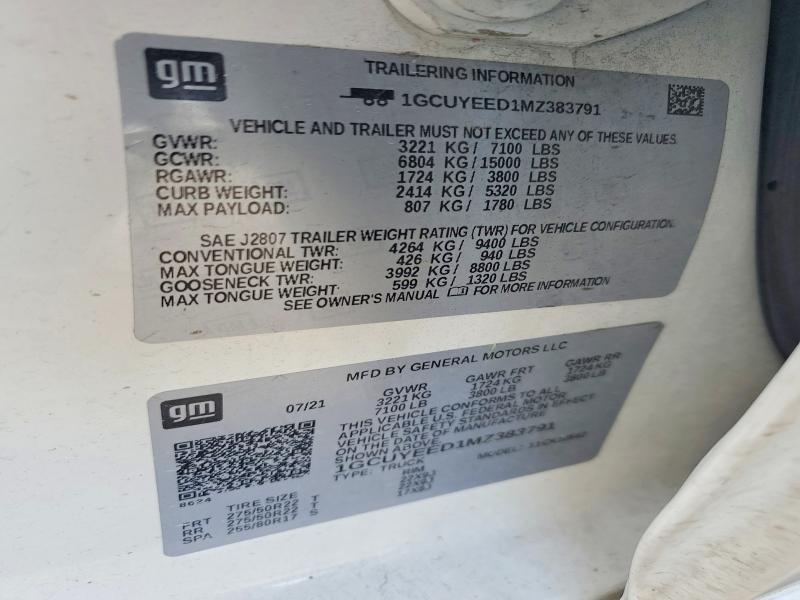 2021 Chevrolet Silverado მანქანა იყიდება აუქციონზე, vin: 1GCUYEED1MZ383791, აუქციონის ნომერი: 57746026