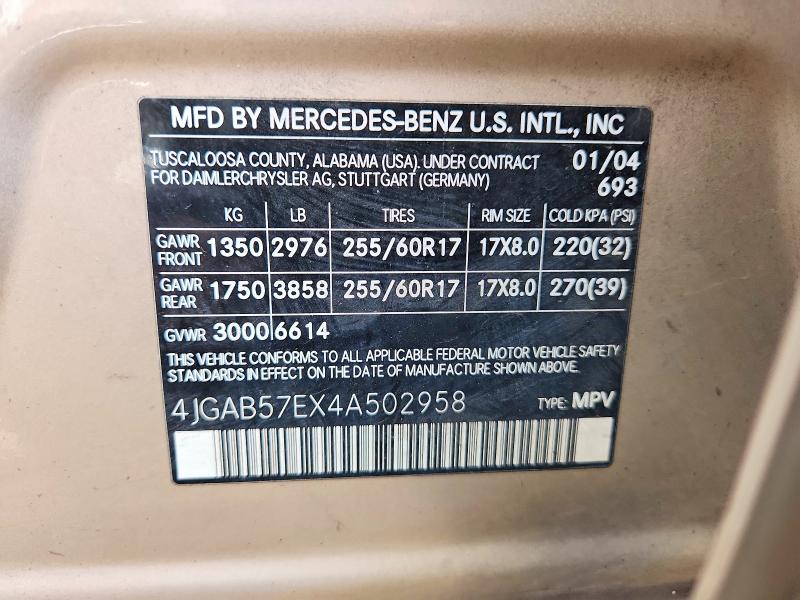 Продаж на аукціоні авто 2004 Mercedes-benz Ml, vin: 4JGAB57EX4A502958, номер лоту: 57576416