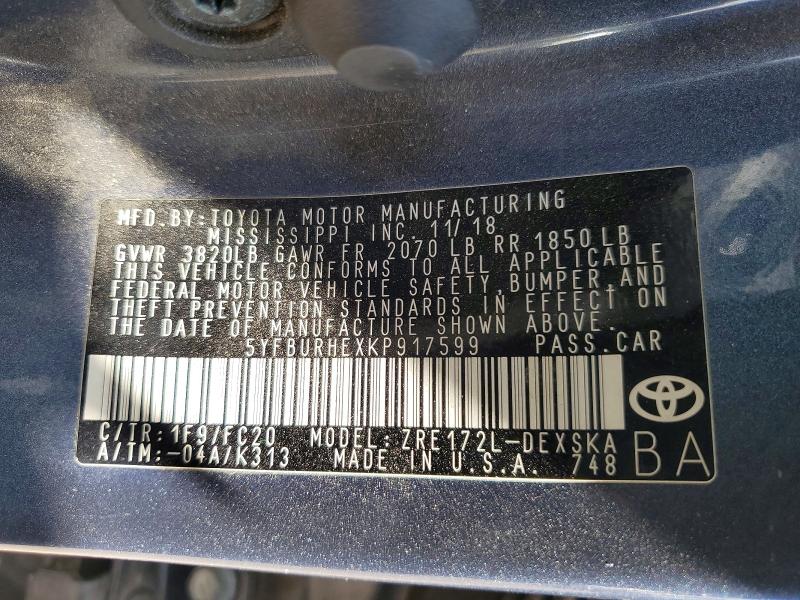 Продаж на аукціоні авто 2019 Toyota Corolla, vin: 5YFBURHEXKP917599, номер лоту: 56470956