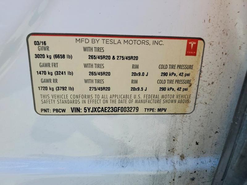 2016 Tesla Model X მანქანა იყიდება აუქციონზე, vin: 5YJXCAE23GF003279, აუქციონის ნომერი: 55218596