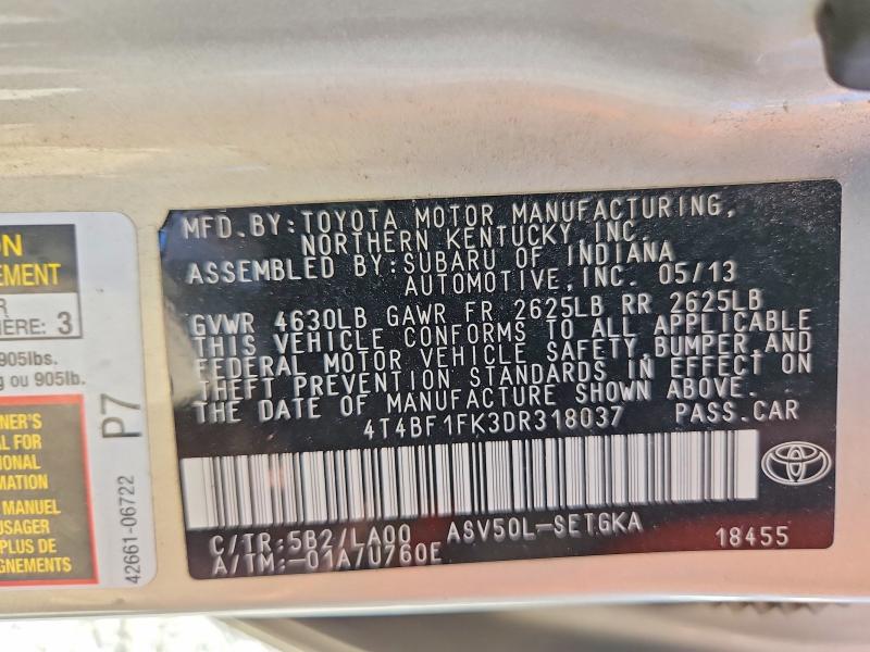 2013 Toyota Camry მანქანა იყიდება აუქციონზე, vin: 4T4BF1FK3DR318037, აუქციონის ნომერი: 58442296