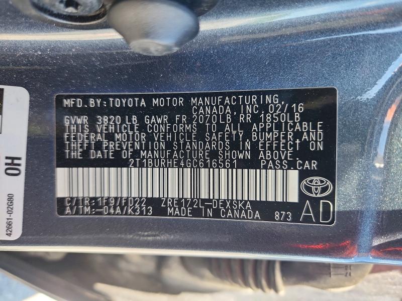 2016 Toyota Corolla მანქანა იყიდება აუქციონზე, vin: 2T1BURHE4GC616561, აუქციონის ნომერი: 56612826