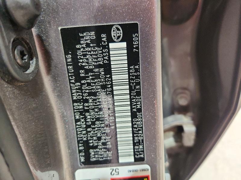 2019 Toyota Camry მანქანა იყიდება აუქციონზე, vin: 4T1B11HK8KU764624, აუქციონის ნომერი: 55869866