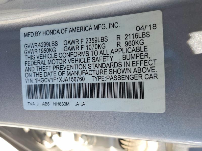 Продаж на аукціоні авто 2018 Honda Accord, vin: 1HGCV1F1XJA156760, номер лоту: 58784866