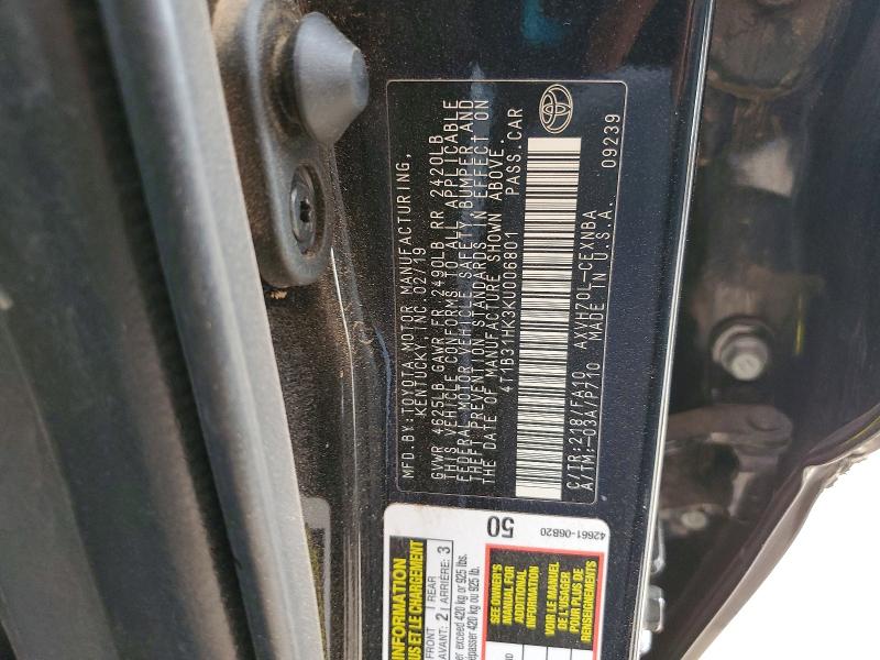 2019 Toyota Camry მანქანა იყიდება აუქციონზე, vin: 4T1B31HK3KU006801, აუქციონის ნომერი: 58487226