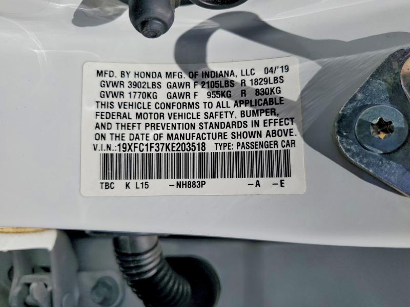 2019 Honda Civic მანქანა იყიდება აუქციონზე, vin: 19XFC1F37KE203518, აუქციონის ნომერი: 57551626