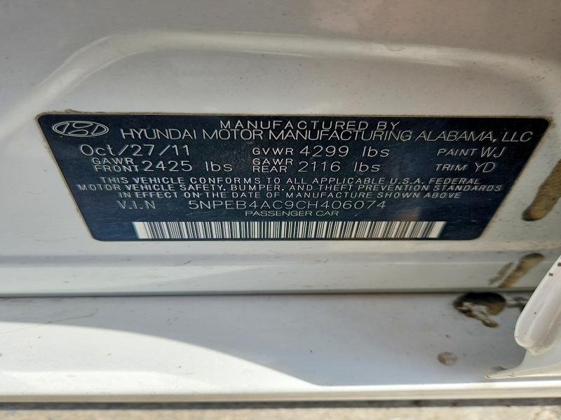 57904036 :رقم المزاد ، 5NPEB4AC9CH406074 vin ، 2012 Hyundai Sonata مزاد بيع