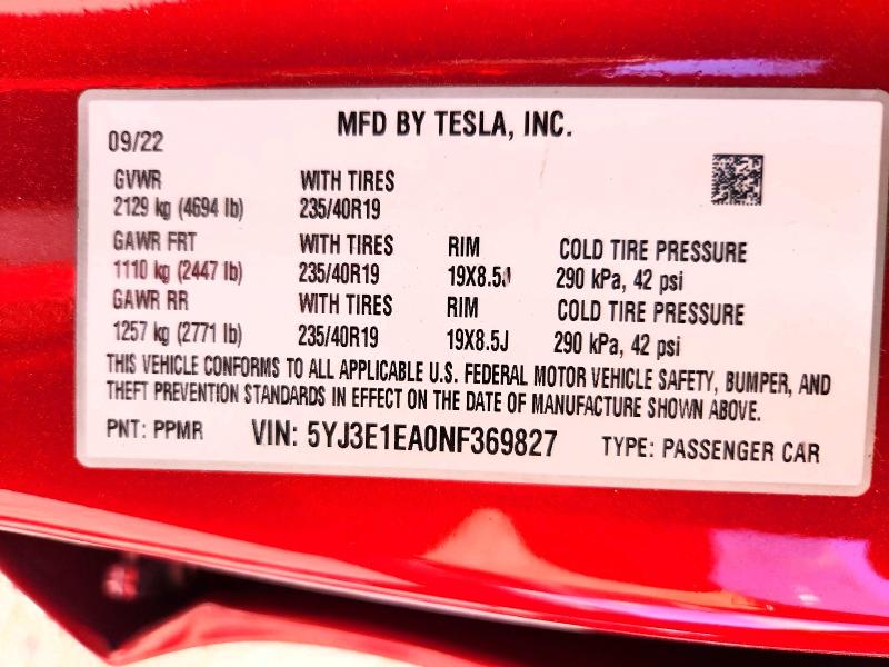Продажа на аукционе авто 2022 Tesla Model 3, vin: 5YJ3E1EA0NF369827, номер лота: 57202156