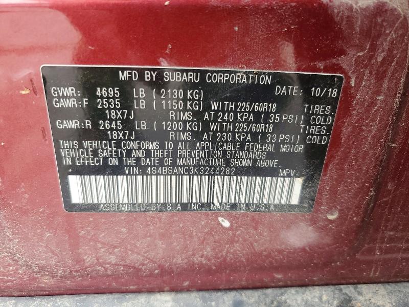 57296736 :رقم المزاد ، 4S4BSANC3K3244282 vin ، 2019 Subaru Outback مزاد بيع