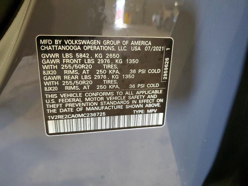 56814066 :رقم المزاد ، 1V2RE2CA0MC236725 vin ، 2021 Volkswagen Atlas Cross Sport مزاد بيع