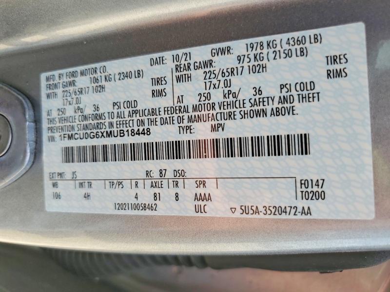 Aukcja sprzedaży 2021 Ford Escape, vin: 1FMCU0G6XMUB18448, numer aukcji: 58023716